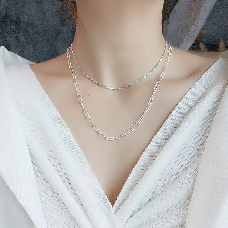 925 Sterling Silver Necklace Bright Flash Chain Geometric Rectangle Choker for Women Fine Jewelry Temperament Clavicle Chain