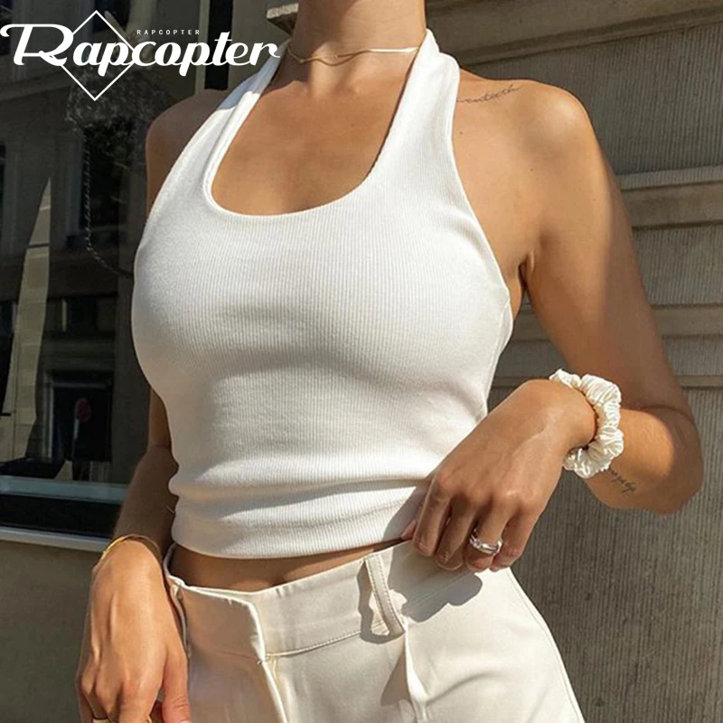 Rapcopter Solid Knitted Camis Basic Crop Top Sleeveless Backless Halter Top Women Summer Corset Top Sporty Sweat Streetwear 2021