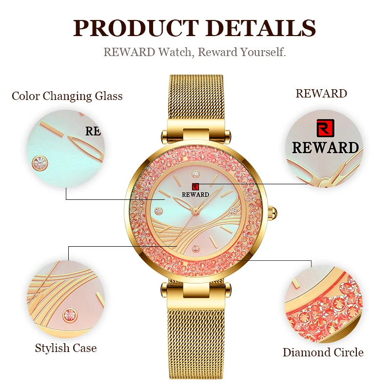 REWARD Rotation Diamant Mode Neue Frauen Uhren Glowing Zifferblatt Mesh Band Quarz Japan Bewegung Wasserdichte Armbanduhren