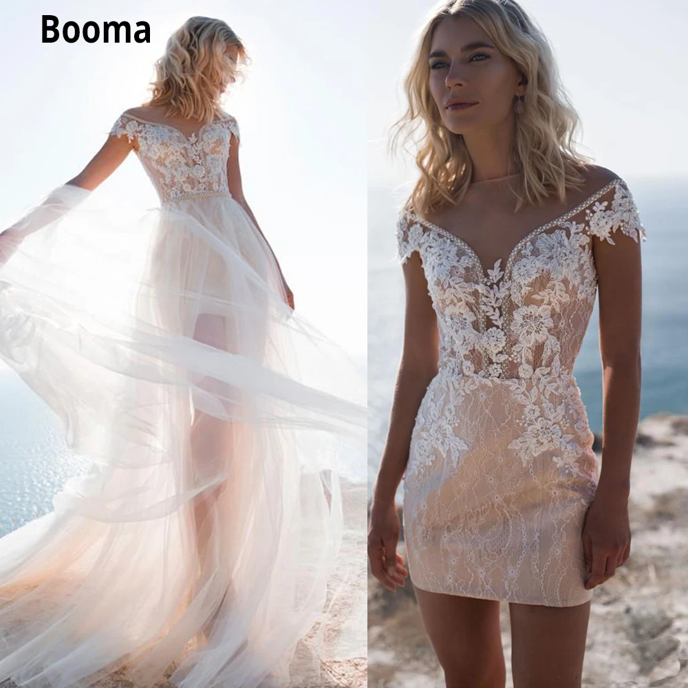 Booma Elegant Beach งานแต่งงาน Mermaid ยาวรถไฟอัญมณีคอลูกปัด Appliques ลูกไม้สั้น Gowns แต่งงานเจ้าสาวปรับแต่ง