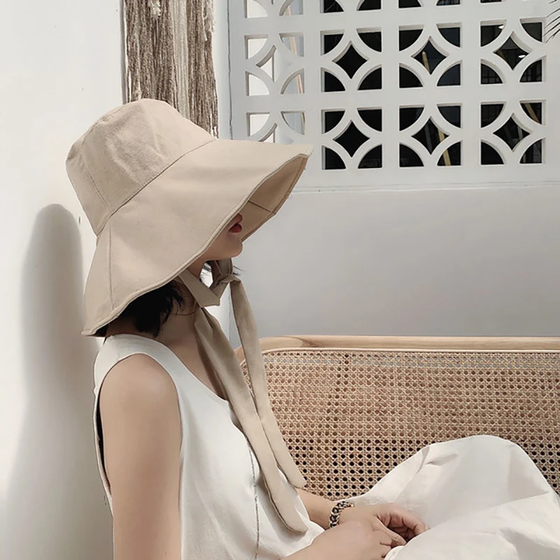 Japan and South Korea Big Brim Hat Women's Spring Summer Foldable Travel Sun Hat Cotton Linen Round Bandage Bow Fisherman Hat