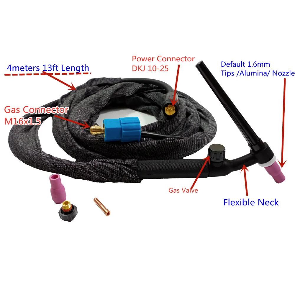 

WP9FV - Tungsten Gas Arc Welding Torch, 4m, 13ft, Argon, Flexible Neck, Air Cooled, WP9