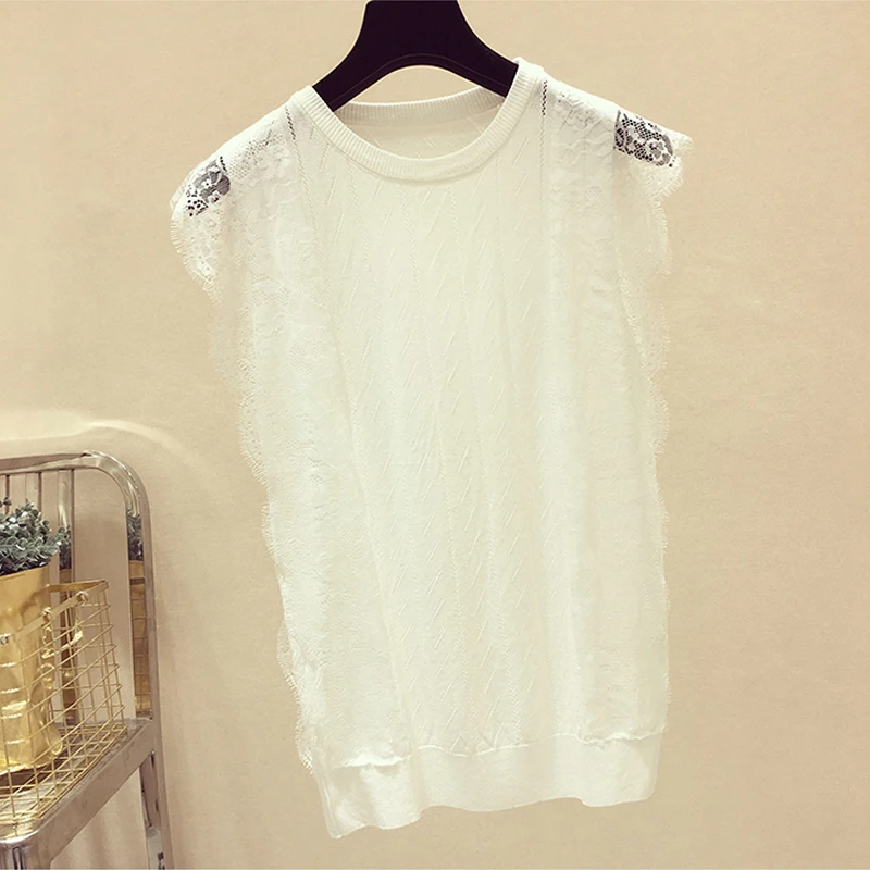 Spring Summer Korean Women Mesh Shirt Sleeveless O-Neck Lace Knitted Patchwork Tops Chic Solid Hollow Out Clothes Blusas 8795 50