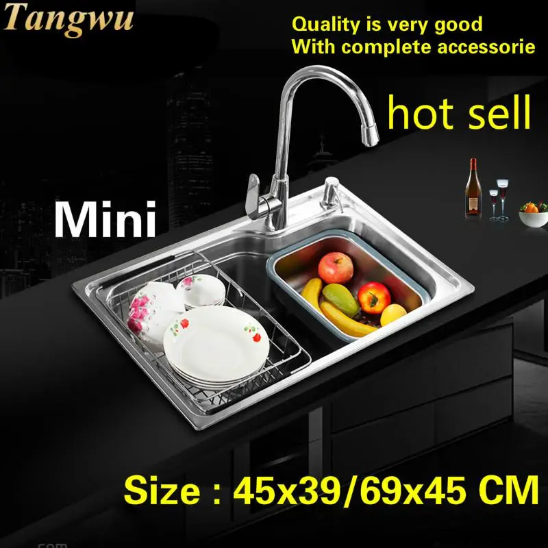 

Free shipping Household Kitchen single trough sink durable food grade 304 stainless steel hot sell 45x39/69x45 CM