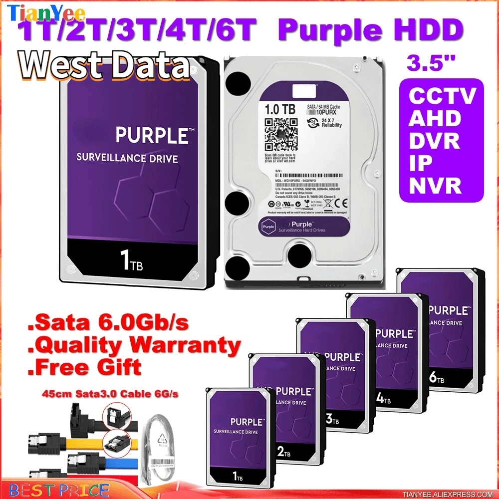 

W. D. West Data Purple HDD 1TB 2TB 3TB 4TB 6TB 12TB SATA 3.0 6.0Gb/s 3.5" inch Hard Drive Disk for cctv AHD DVR NVR DATA Center