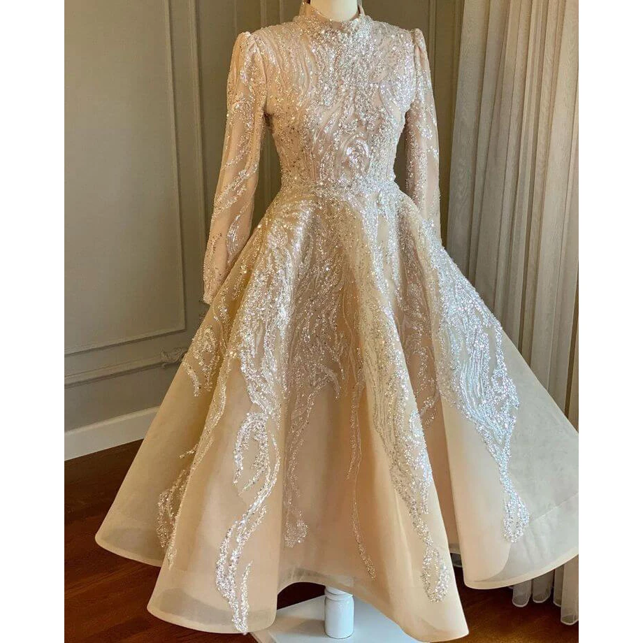 Champagne Sparkly Luxury Party Dresses Long Sleeves Sequins Ball Gown Muslim Women Elegant Prom Evening Gowns Plus Size Custom