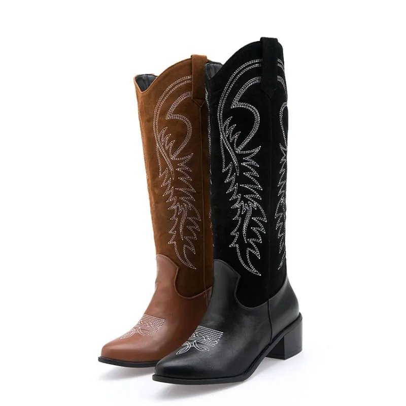 Embossed Microfiber Leather Women Boots Pointed Toe Western Cowboy Boots Mid-calf Chunky Boots Knee High Boots Cowgirl Boots