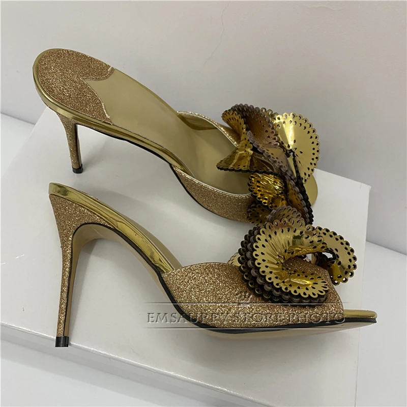 Folded Handmade Flower High Heel Shoes Woman 10cm Thin Heel Open Toe Bling Sequined Cloth Summer 2024 Chic Sandals Women