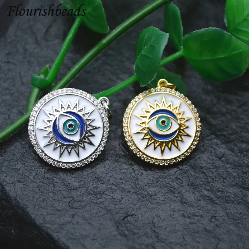 10pc CZ Zircon Beads Edge 20mm Round Oil Dip Enamel Metal Eye Charms Pendant DIY Parts Jewelry Makings Multi-use Accessories