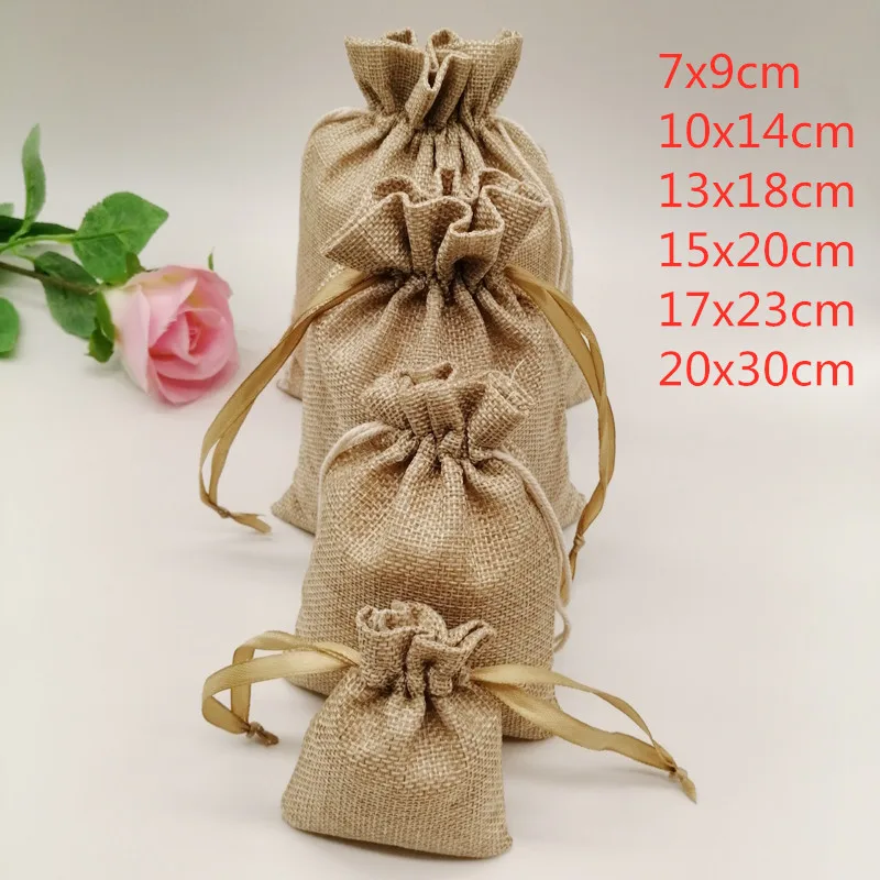 

50-1000pcs/lot Linen Burlap Bag Jute Gift Bag Drawstring Gift Bags Gift Packaging candy bags wedding Party Favor Bags Jute Bag