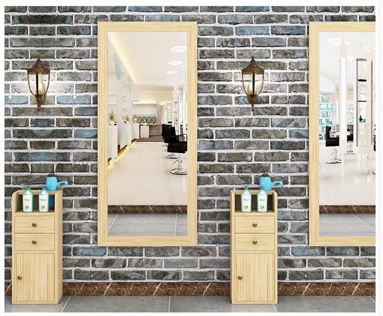 Real wood retro barber shop mirror barber shop wall hanging cosmetics one-sided frame balcony floor tool cabinet