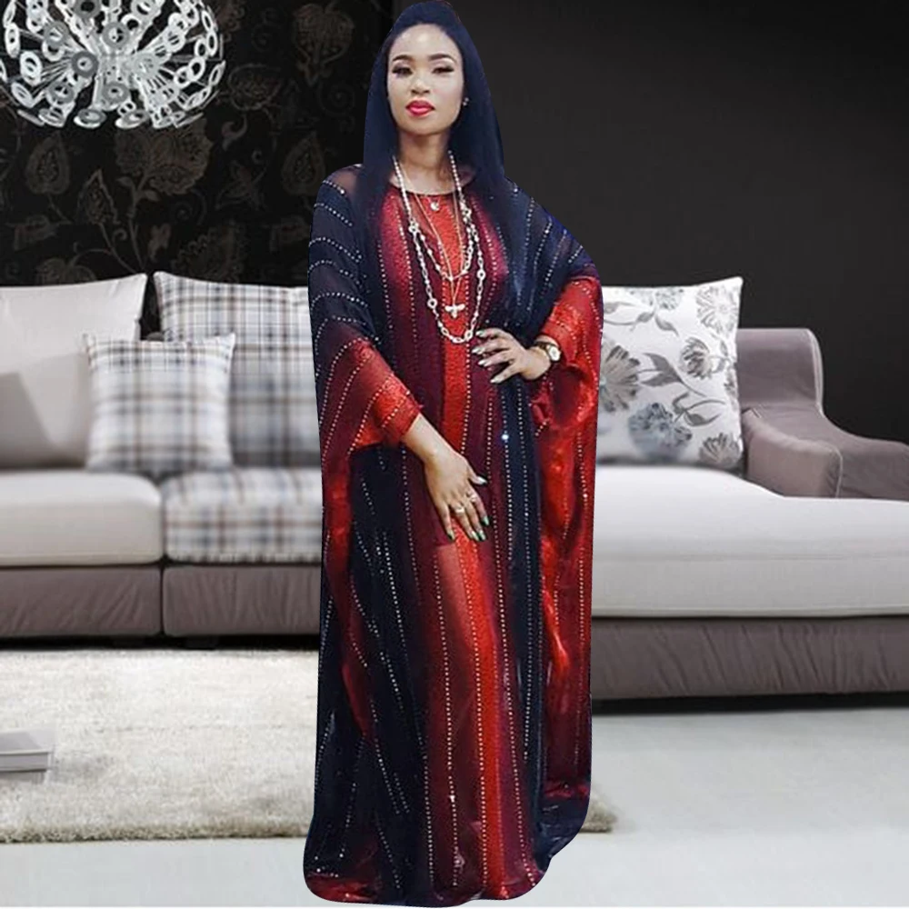 Boubou 2021 Dresses For Women Stripe Printed O-collar Long Bat Sleeve Maxi Dress Africaine Femme Abaya Fashion Party Robe Gowns