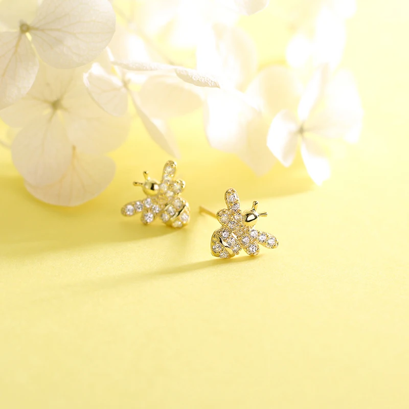 

MIQIAO Little Bee Earrings 925 Sterling Silver Stud Female Simple Gold-color Diamond Zircon Cute Insect Fashion Women's Jewelry