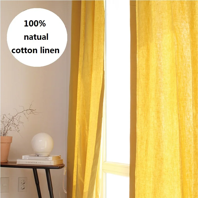 Natural Cotton Linen Curtain Orginal Flax Curtains Yellow Semi-blackout cortinas for Living Room Bedroom Golden Window Drapes