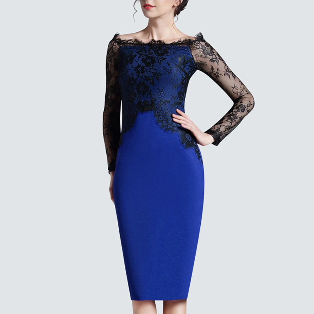 Vintage Chic Lace Patchwork Slim Bodycon Business Elegant Women Slash Neck Pencil Dress H803