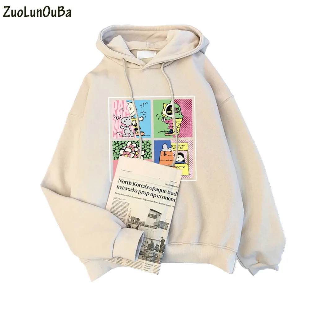 Autumn Winter Casual Women Hoodie Sweatshirt Fleece Cartoon Dog Print Pullover Long Sleeve Apricot Color Thick Loose Coat Tops