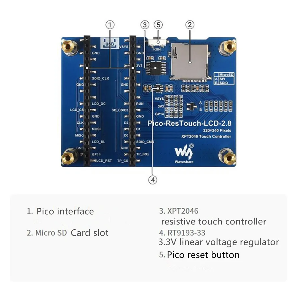 Módulo de pantalla LCD táctil resistiva de 2,8 ", interfaz SPI Shield HAT con separación de latón para placa RPI Raspberry Pi Pico