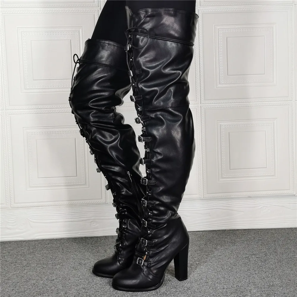 

Stylish Women Thigh High Buckle Strap Boots Chunkyh Heels Shoes Woman Over Knee Boots Faux Leather Plus Size 44 47 50 52