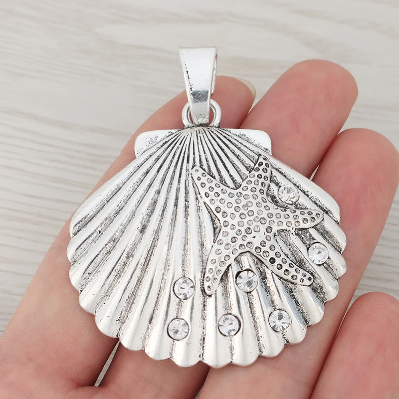 3 x Silver Color Large Rhinestone Scallop Shell Starfish Charm Pendant For Necklace Jewelry Making Findings 65x52mm