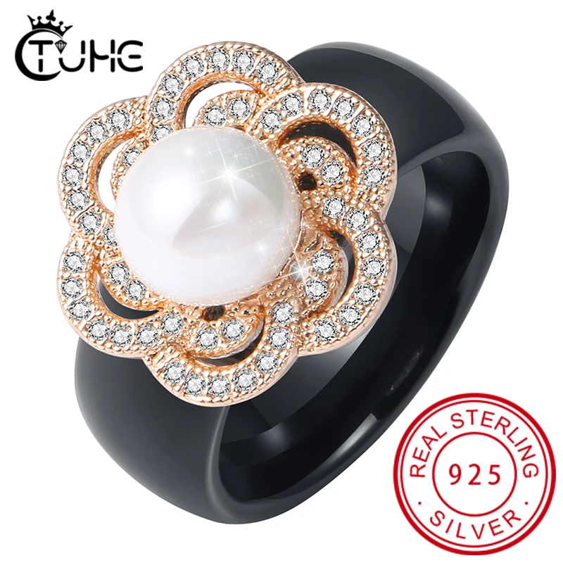 

100% S925 Sterling Silver Women Rings Iced Out CZ Crystal Flower Pearl Ceramic Rings Healthy Never Fade Fashion Jewelry Gift