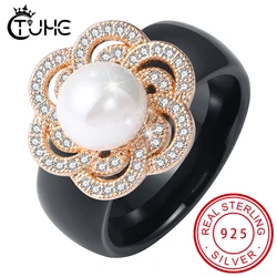 100% S925 Sterling Silver Women Rings Iced Out CZ Crystal Flower Pearl Ceramic Rings Healthy Never Fade Fashion Jewelry Gift