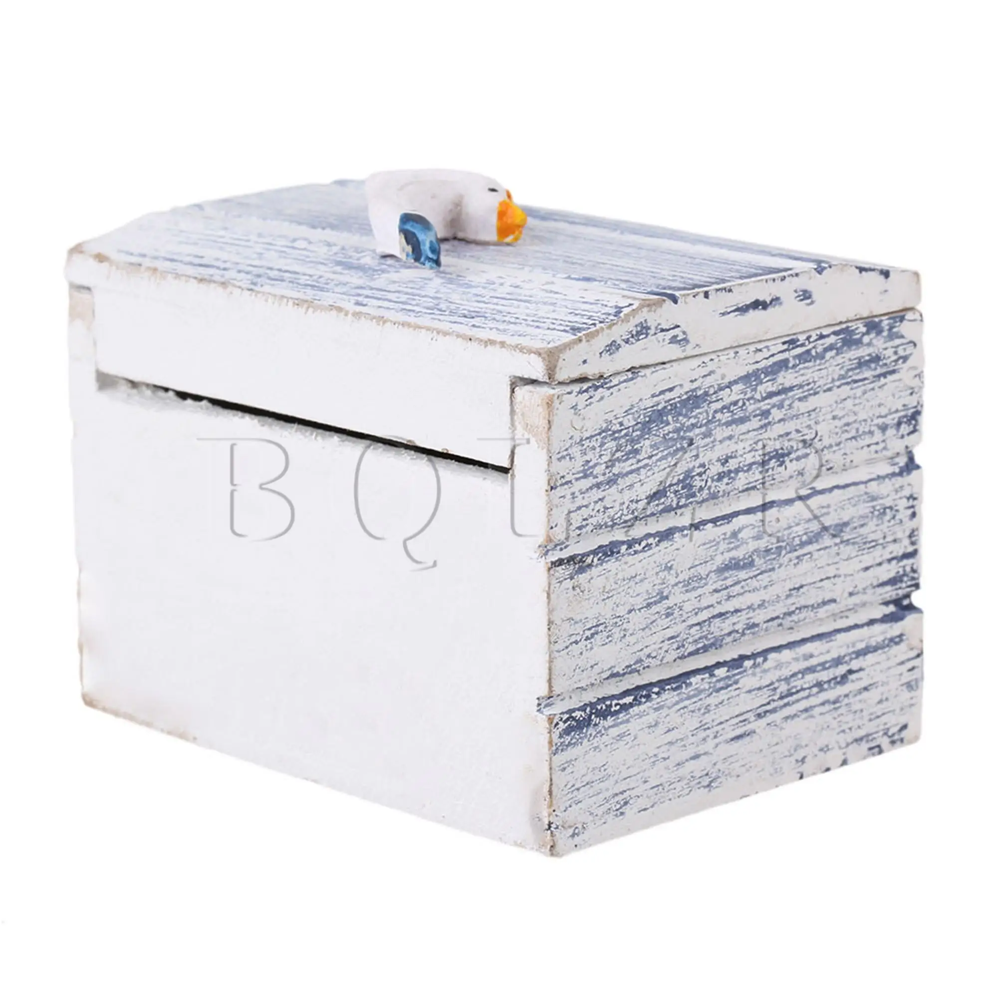 Caja de almacenamiento de colección de madera azul y blanca con temática de playa