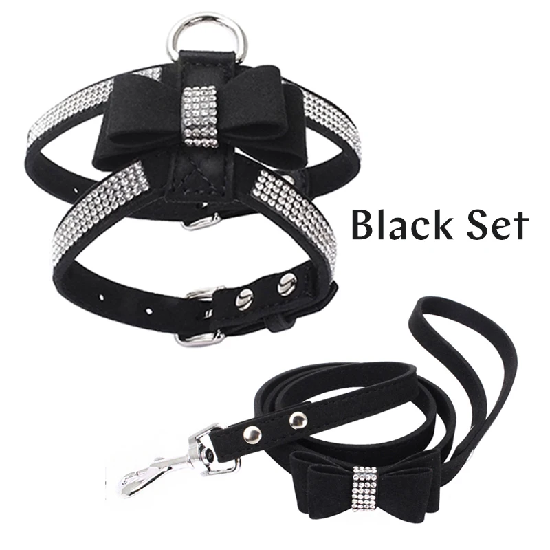 Dog Harness Leash Suit Vest Shining Diamonds Adjustable Soft Suede Fabric Bow Rhinestone Pet Collar Harnesses For Dogs Products