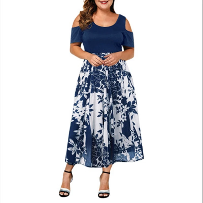 Women's Round Neck Off Shoulder Hollow Short Sleeve Printed Elastic Waist Dress, Summer Fashion, New, Large Size, image 4