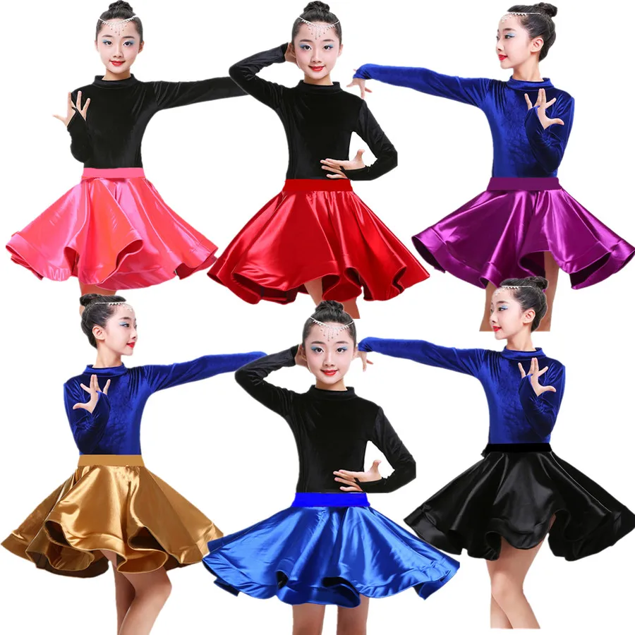 New Kids Girls Velvet Latin Dance Dresses Gymnastics Dancewear Tango Salsa Costume Big Circle Ballroom Skirt For Girls