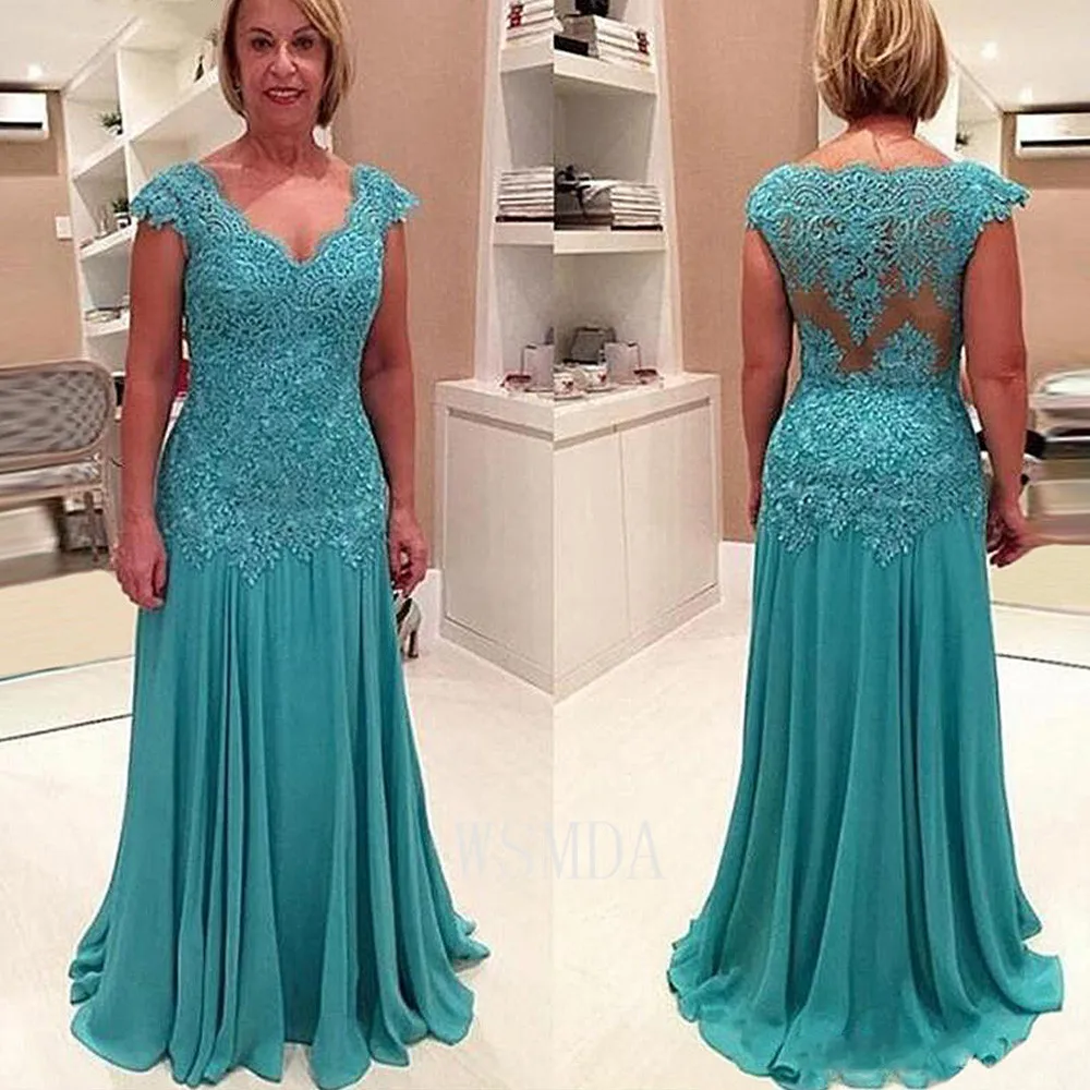 Floor Length Green Chiffon Mother of The Bride V-Neck Lace Chiffon Splicing Women's A-Line Plus Size Formal Dress Evening Dresse