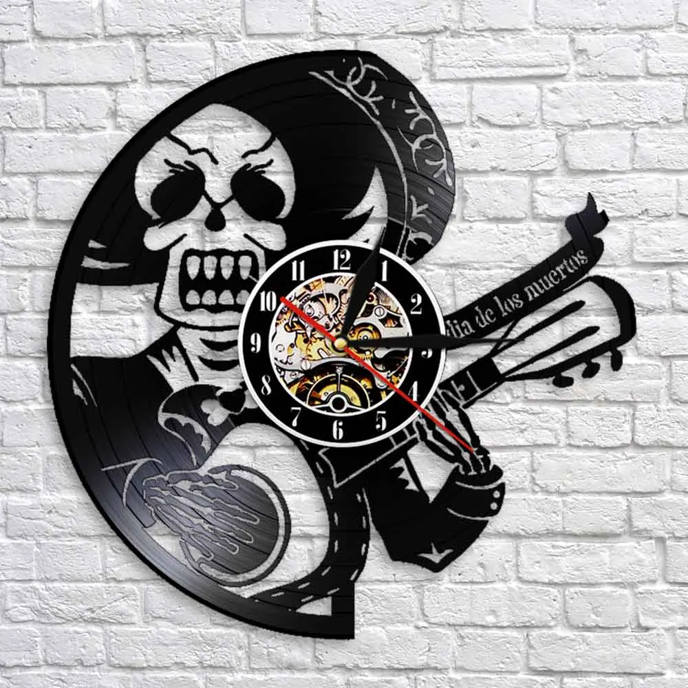 Dia De Los Muertos Vinyl Music Record Wall Clock Guitarist Guitar Player Sugar Skeleton Mood Night Light Lamp Rock n Roll Gift