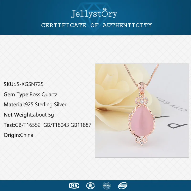 Jellystory Trendy Silver 925 Jewelry Necklace with Water drop shape Pink rose quartz zircon gemstones Pendant for Women Wedding