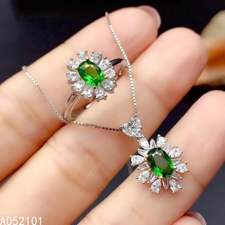 

KJJEAXCMY fine Jewelry 925 sterling silver inlaid natural Diopside trendy necklace pendant ring set support test Chinese style