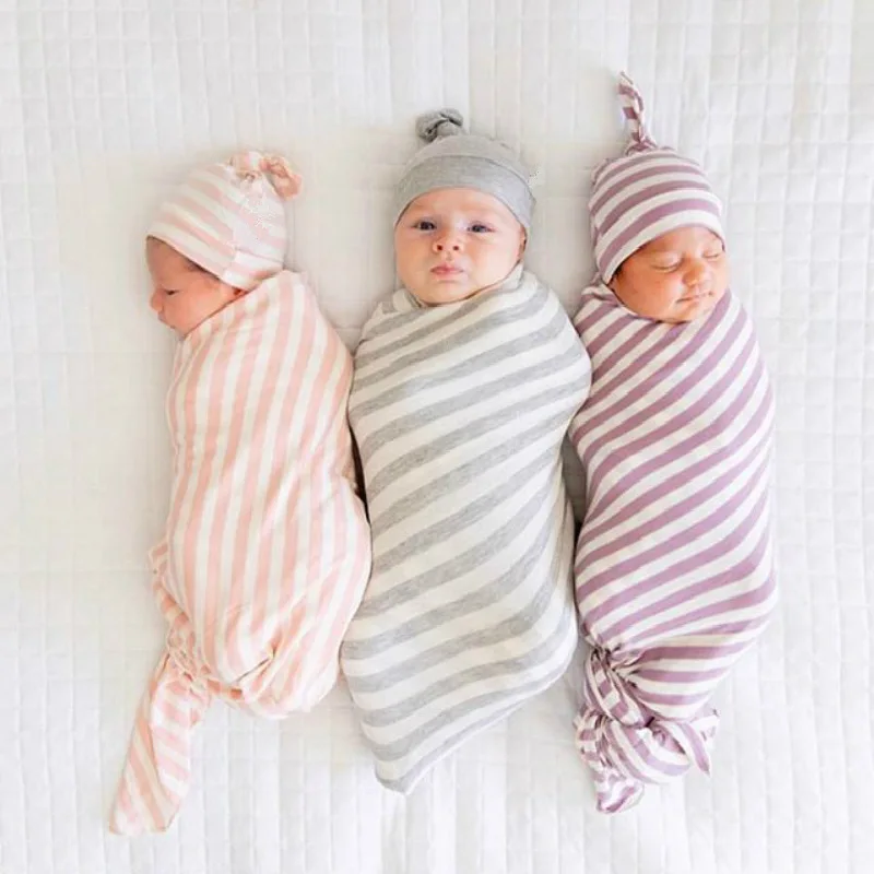 Rainbow Stripe Baby Swaddling Blanket Cap Cotton Baby Receiving Blanket and Hat Bedding Sleeping Bag for Newborn Babies Infants