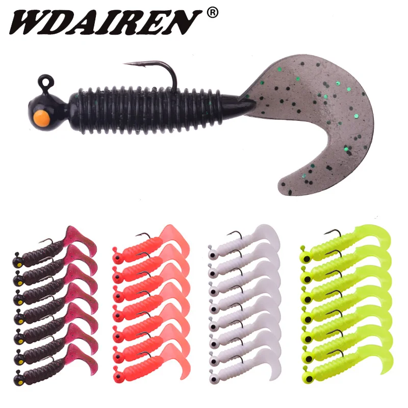 7PCS Silicone Worm Soft Bait 50mm 3.2g Jig Wobblers Fishing Lure  With Hook Artificial Rubber Baits Bass for Carp Pike Zander