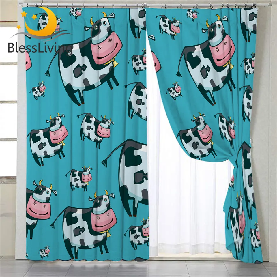 BlessLiving Milk Cow Living Room Curtains Cartoon Animal Bedroom Curtains Pink Mouth Blackout Curtains Lovely Polyster Rideaux