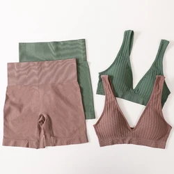 Women Bra Set High Waist Seamless Shorts Crop Top Female Sportswear Underwear Deep V Bra Brassiere Removable Pad Lingerie Set
