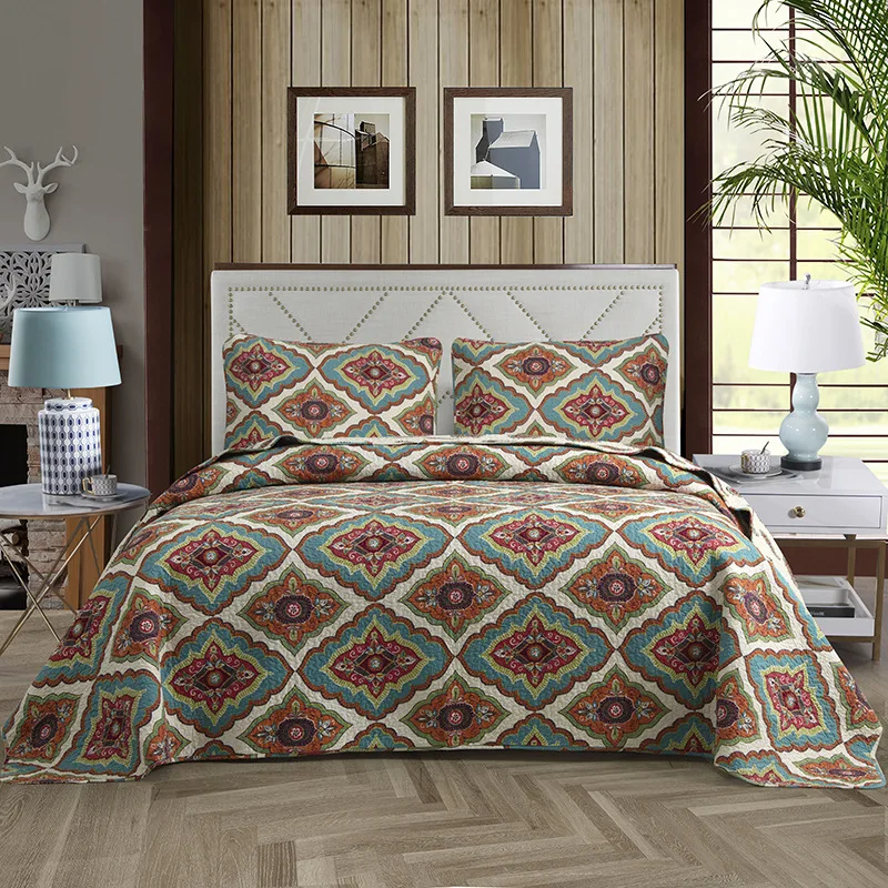 Printed 100% Cotton Quilt Set 3-Piece Queen Size 230x250cm Summer Bedspread with 2 Pillowcase -Quilted Coverlet Blanket for Bed