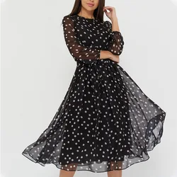 Dresses for Women 2022 Spring and Autumn Women's Long Sleeve Round Neck Belt Chiffon Print Sexy Lace Polka Dot Dress TL50