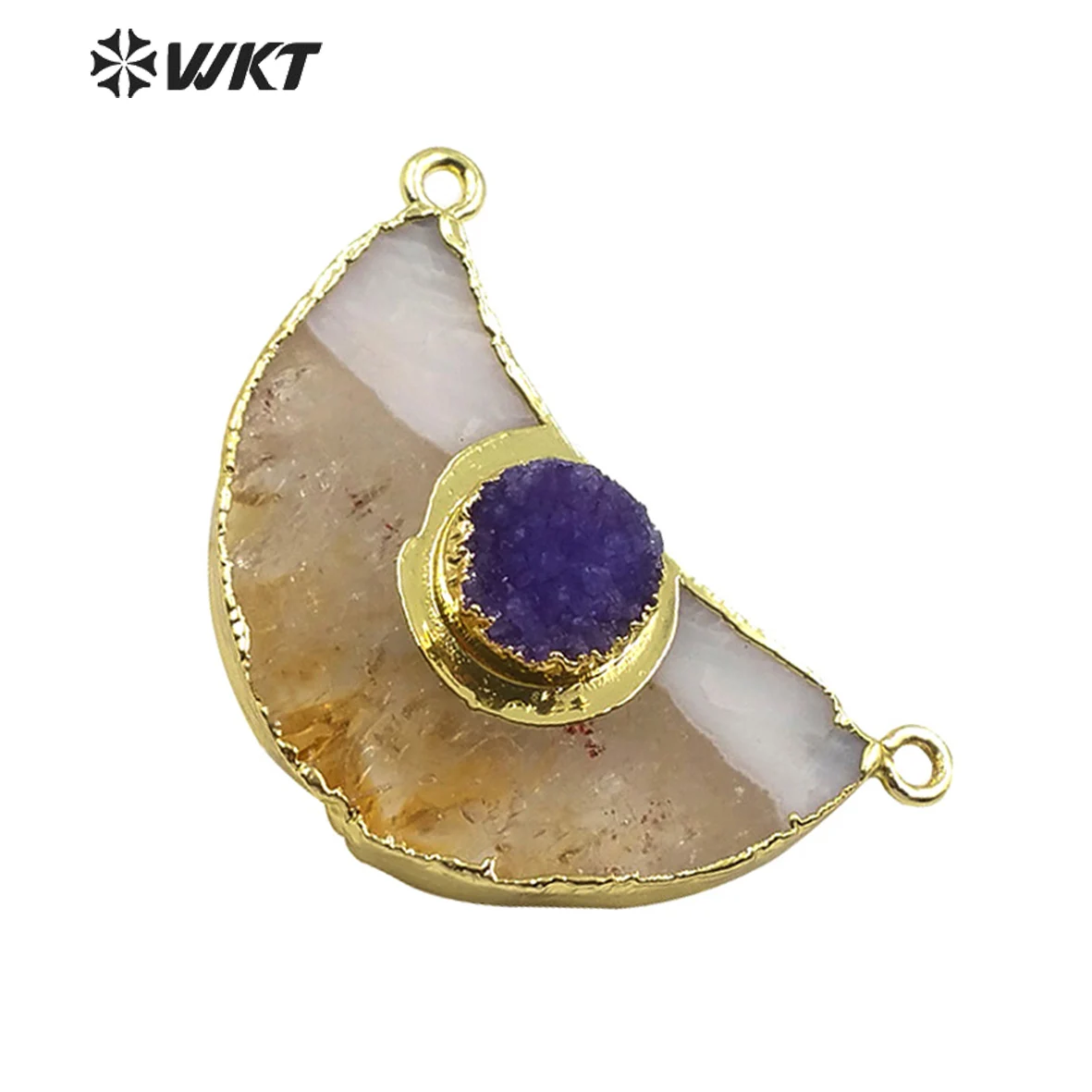 WT-P1512 WKT Multicolor Natural Stone Pendant Yellow Stone Druzy Quartz Charm Gold Electroplated Pendant Double Loops Jewelry