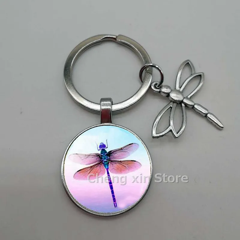 Rodada Vidro Keychain com Libélula Charme, Convex Charme, Animal Chaveiro, Acessórios do carro, 1