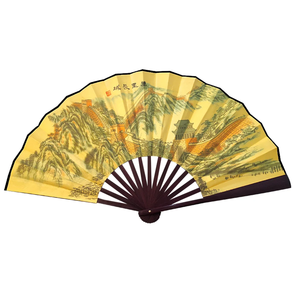 Chinese Style Great  Wall Pattern Silk Bamboo Folding Hand Fan for Men Vintage Pocket Folding Fan ancient style