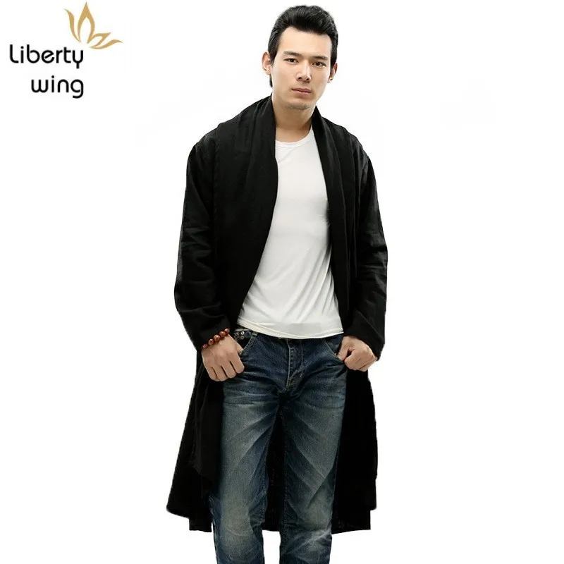 

Autumn Winter Thin Men Robe Coats 2020 New Solid High Quality Casual Cotton Linen Long Sleeve Coat Male Fashion Outerwear