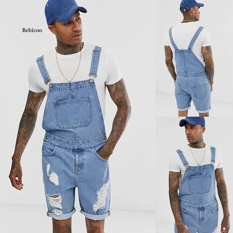 

Men Denim Shorts Summer New Retro Men's Hole Denim Shorts One-Piece Workwear Strap Light Blue Shorts