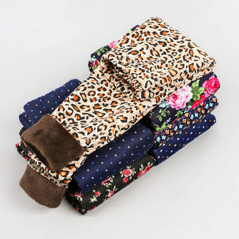 Autumn Winter Baby Girls Leggings Thick Warm Dot Pants Kids Girl Leopard Velvet Pants Children Vintage Flowers Trousers KF042