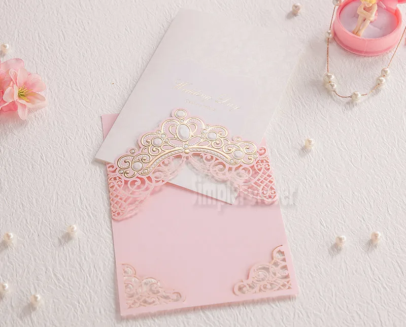 

50pcs/lot Wholesale Pink Laser Cut Wedding Invitations Cards With Gold Embossed Hollow Flora Design for Bridal Shower