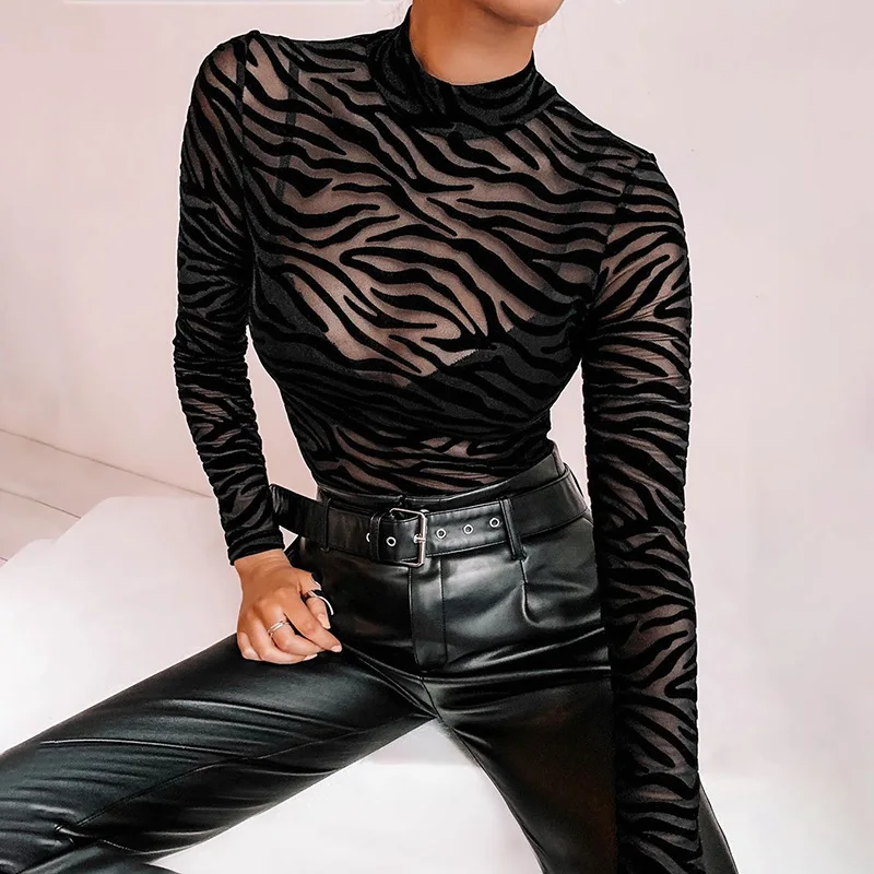Schwarz Mesh Transparent Sexy Body Langarm Dünne Dünne Streifen Mock Neck Casual Strampler Frauen Dame Party Club Körper