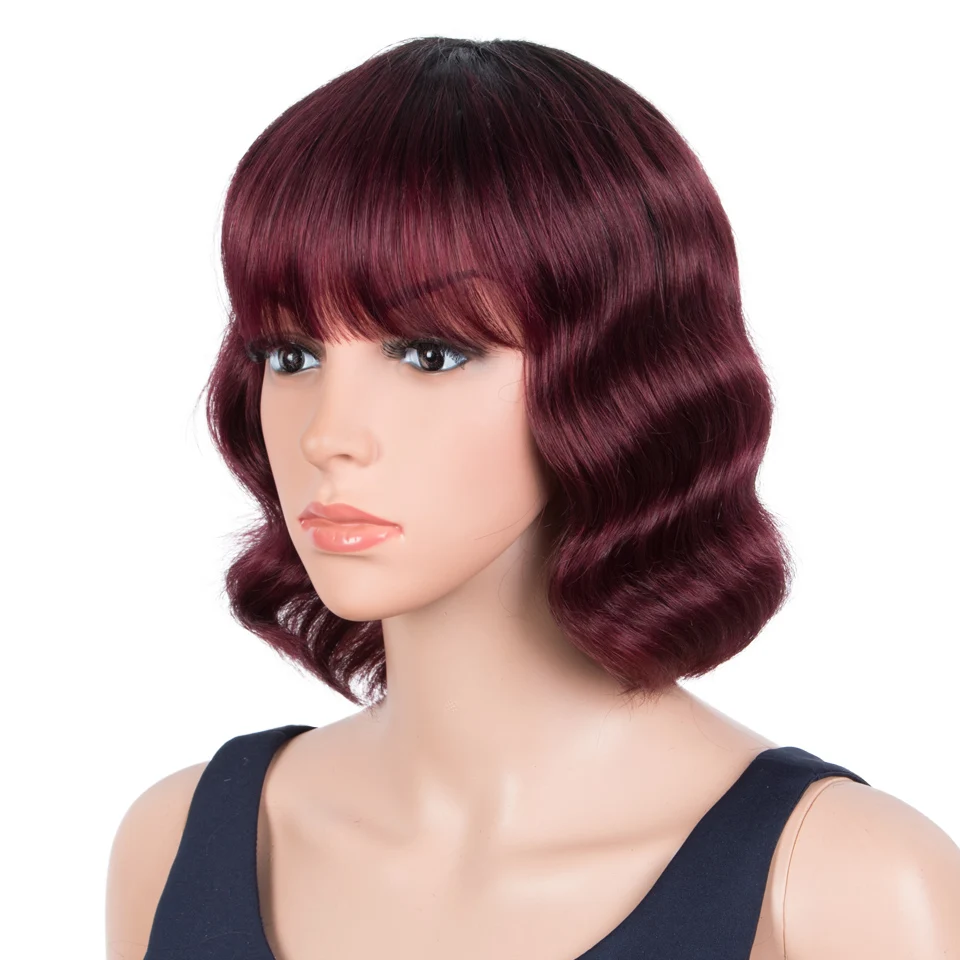 Trueme Short Loose Wave Bob Wig Brazilian Ombre Human Hair Wigs With Bangs Colored Black Blonde Burgundy Blunt Cut Bob Full Wig