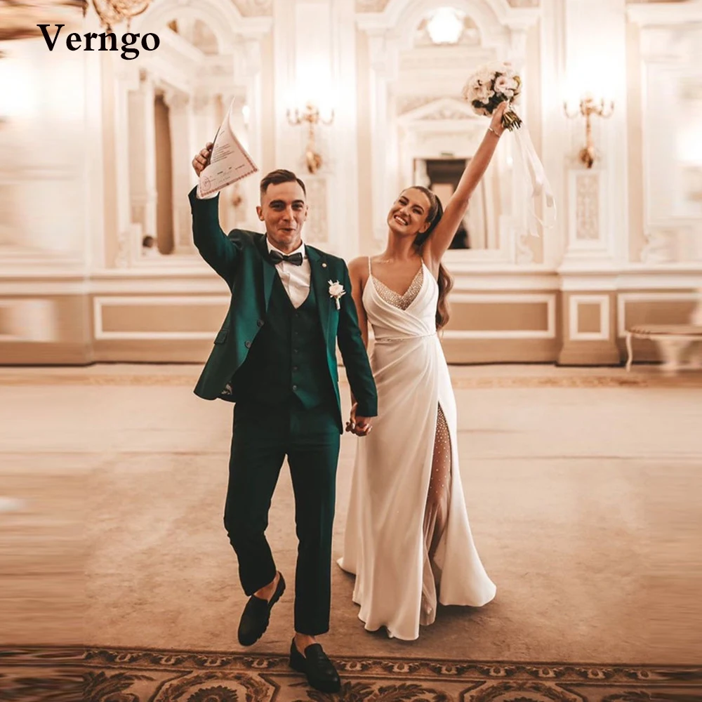 

Verngo Fashion A Line Beads Wedding Dresses Spaghetti Straps Chiffon&Satin Side Slit Women Formal Party Gowns Robe de mariage