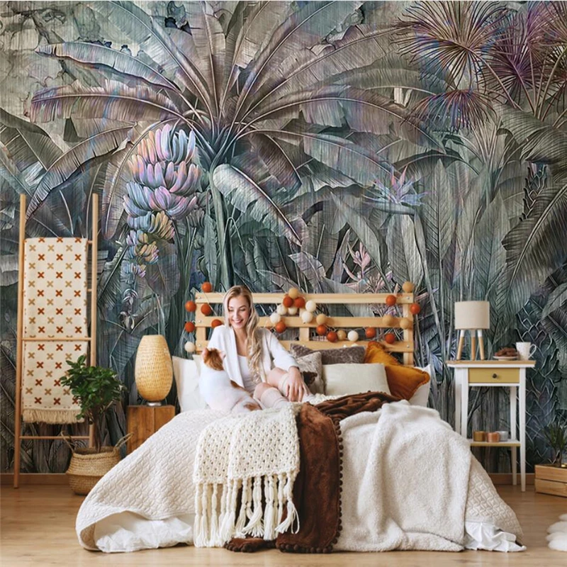 

Custom Banana Leaf Wallpaper living room Background Stickers Tropical Rain Forest Plant Mural Home Decor 3d Photo wall paper